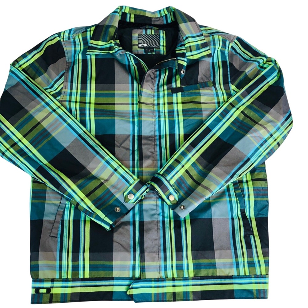 Oakley Mens Jacket Black Gray Plaid Full Zipper Lined Snap Pockets Collared S